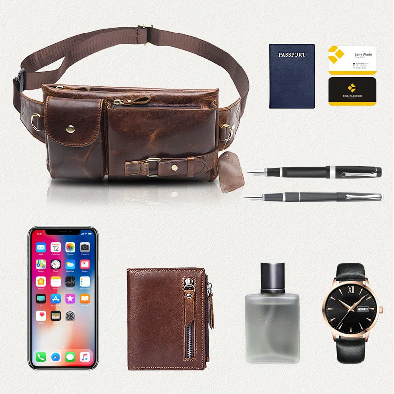 Genuine Leather Waist Packs Men Waist Bags Fanny Pack Belt Bag Phone Bags Travel Waist Pack Male Small Waist Bag Leather