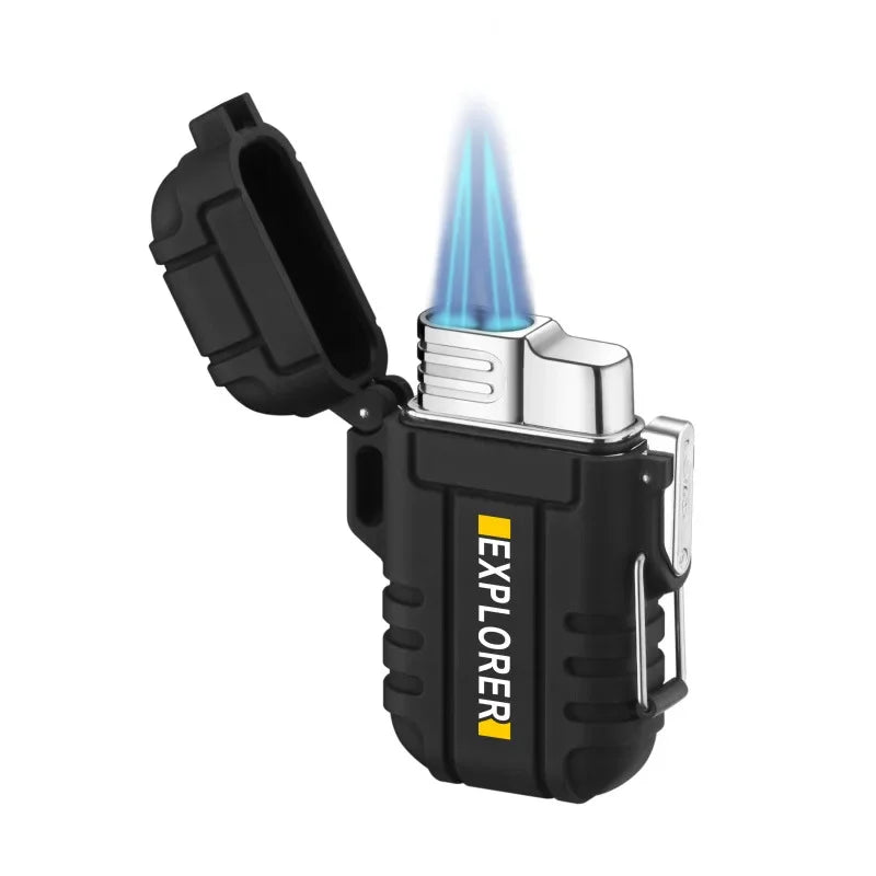 Outdoor Waterproof Lighter with Lanyard Portable Blue Flame Jet Lighter Butane Turbo Cigar Lighter Camping Wading Men'S Gadgets