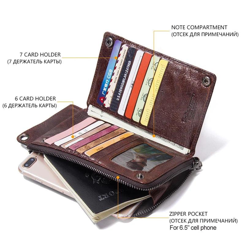 CONTACT'S Men'S Wallet Genuine Leather Clutch Man Walet Brand Luxury Male Purse Long Wallets Zip Coin Purse 6.5" Phone Pocket