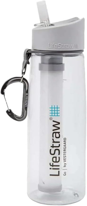 Go Water Filter Bottle with 2-Stage Integrated Filter Straw for Hiking, Backpacking, and Travel, Clear