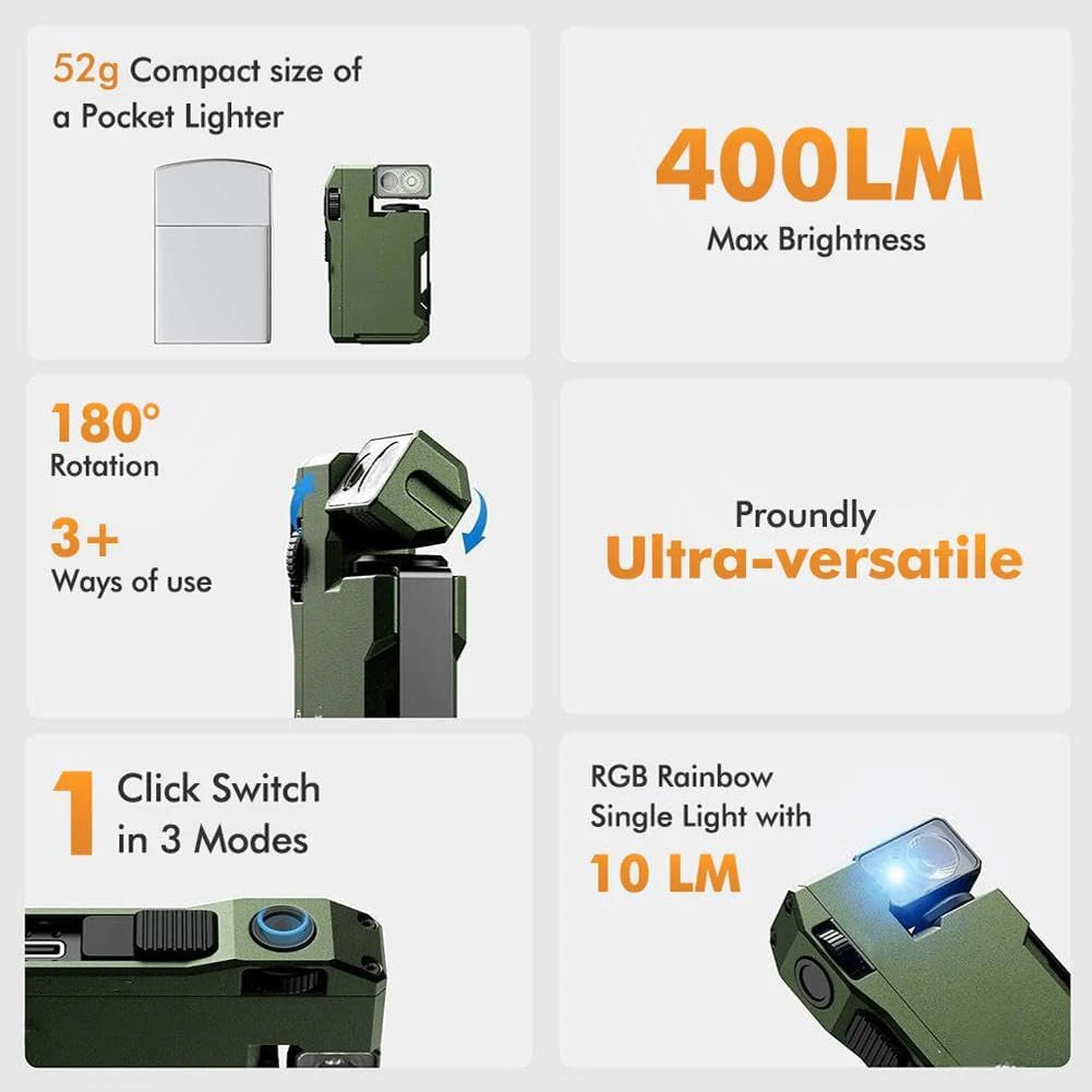 Portable Rechargeable EDC Flashlight 400 Lumens Flat Pocket Flashlight Magnetic Keychain Flashlight for Outdoor Camping Hiking