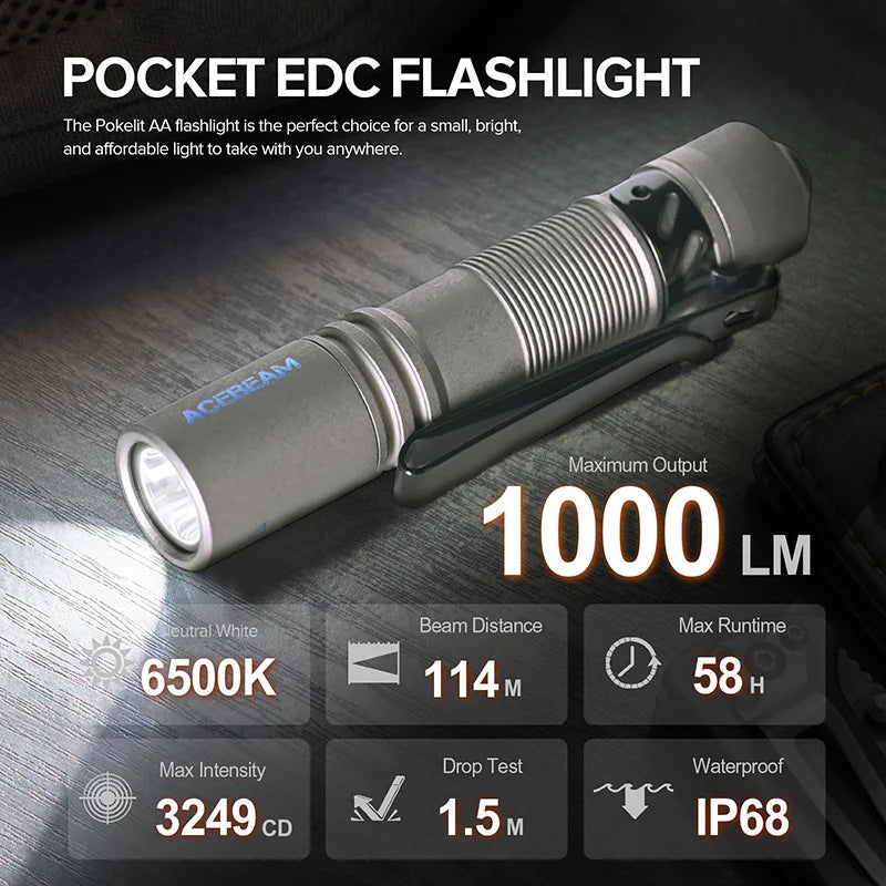 Pokelit AA Titanium EDC Flashlight 1000 Lumens 114 Meters 14500 Rechargeable Battery Flashlight Compact Size Daily EDC