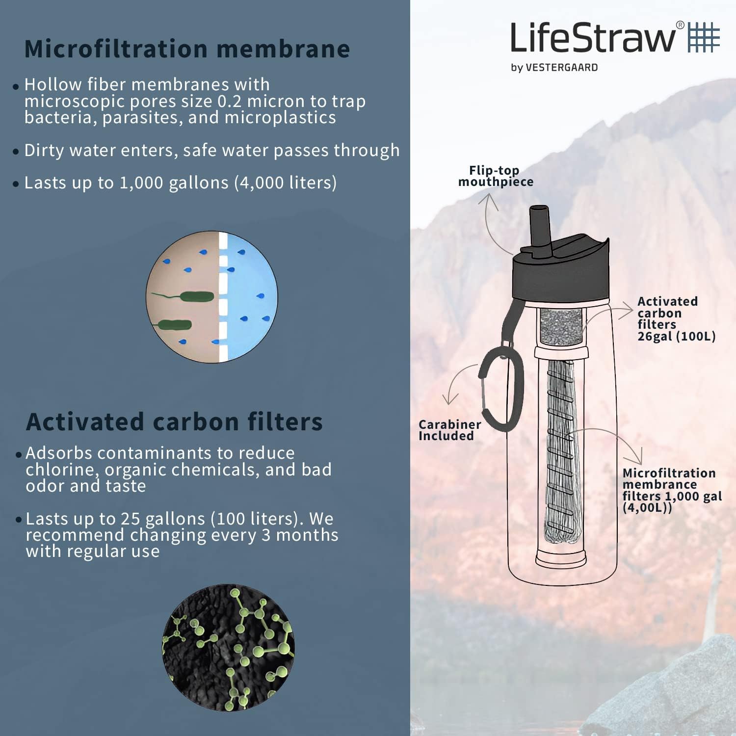 Go Water Filter Bottle with 2-Stage Integrated Filter Straw for Hiking, Backpacking, and Travel, Clear