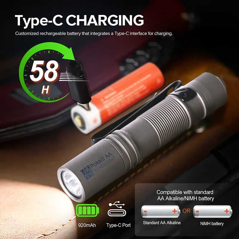 Pokelit AA Titanium EDC Flashlight 1000 Lumens 114 Meters 14500 Rechargeable Battery Flashlight Compact Size Daily EDC