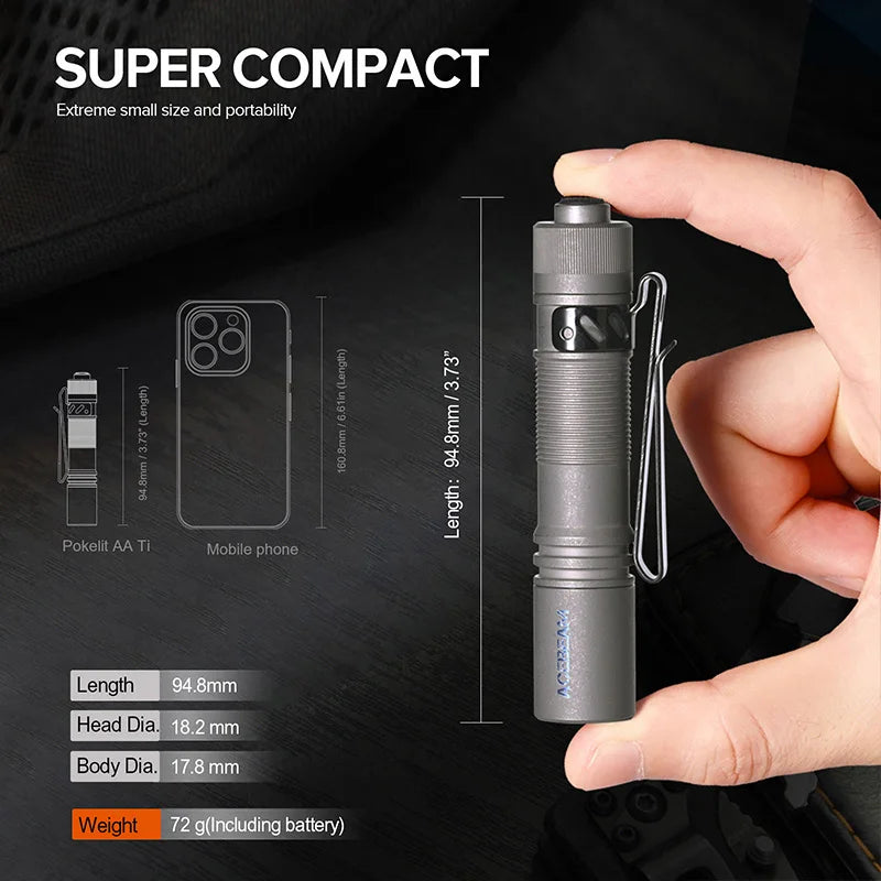 Pokelit AA Titanium EDC Flashlight 1000 Lumens 114 Meters 14500 Rechargeable Battery Flashlight Compact Size Daily EDC