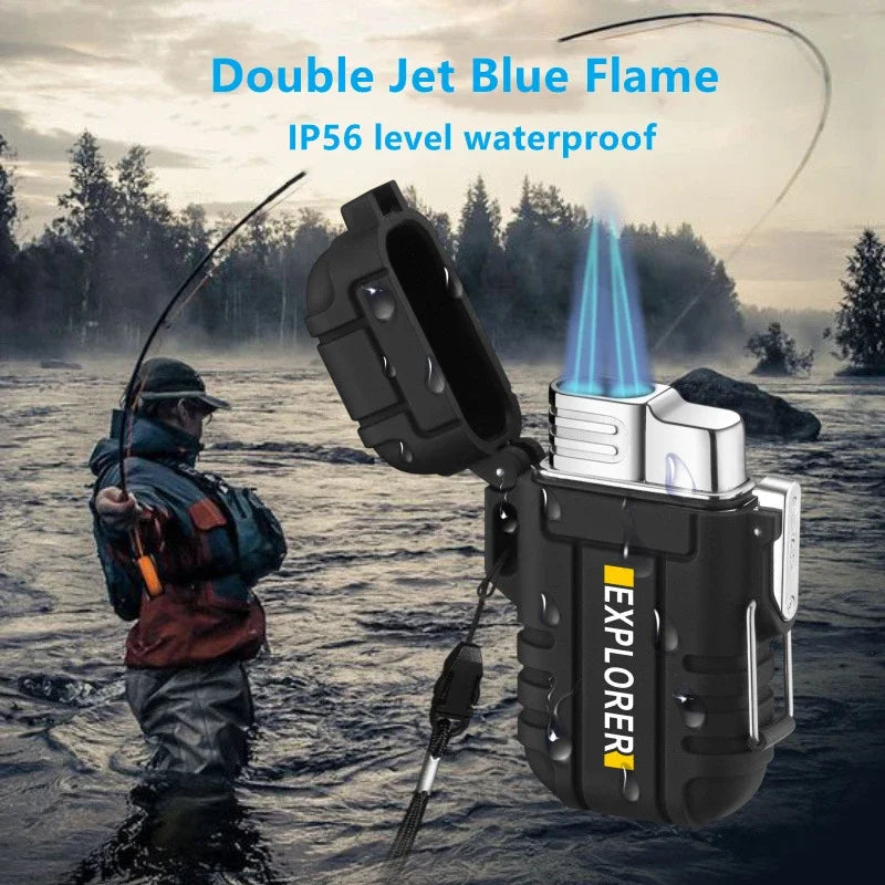 Outdoor Waterproof Lighter with Lanyard Portable Blue Flame Jet Lighter Butane Turbo Cigar Lighter Camping Wading Men'S Gadgets