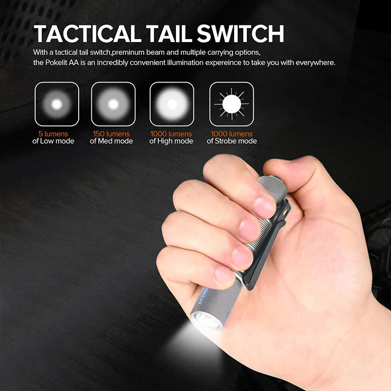 Pokelit AA Titanium EDC Flashlight 1000 Lumens 114 Meters 14500 Rechargeable Battery Flashlight Compact Size Daily EDC